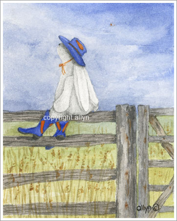 Cowboy boot Mimi on fence
