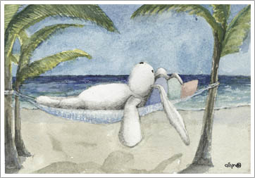 Mimi, the rabbit laying in hammock by the palm trees